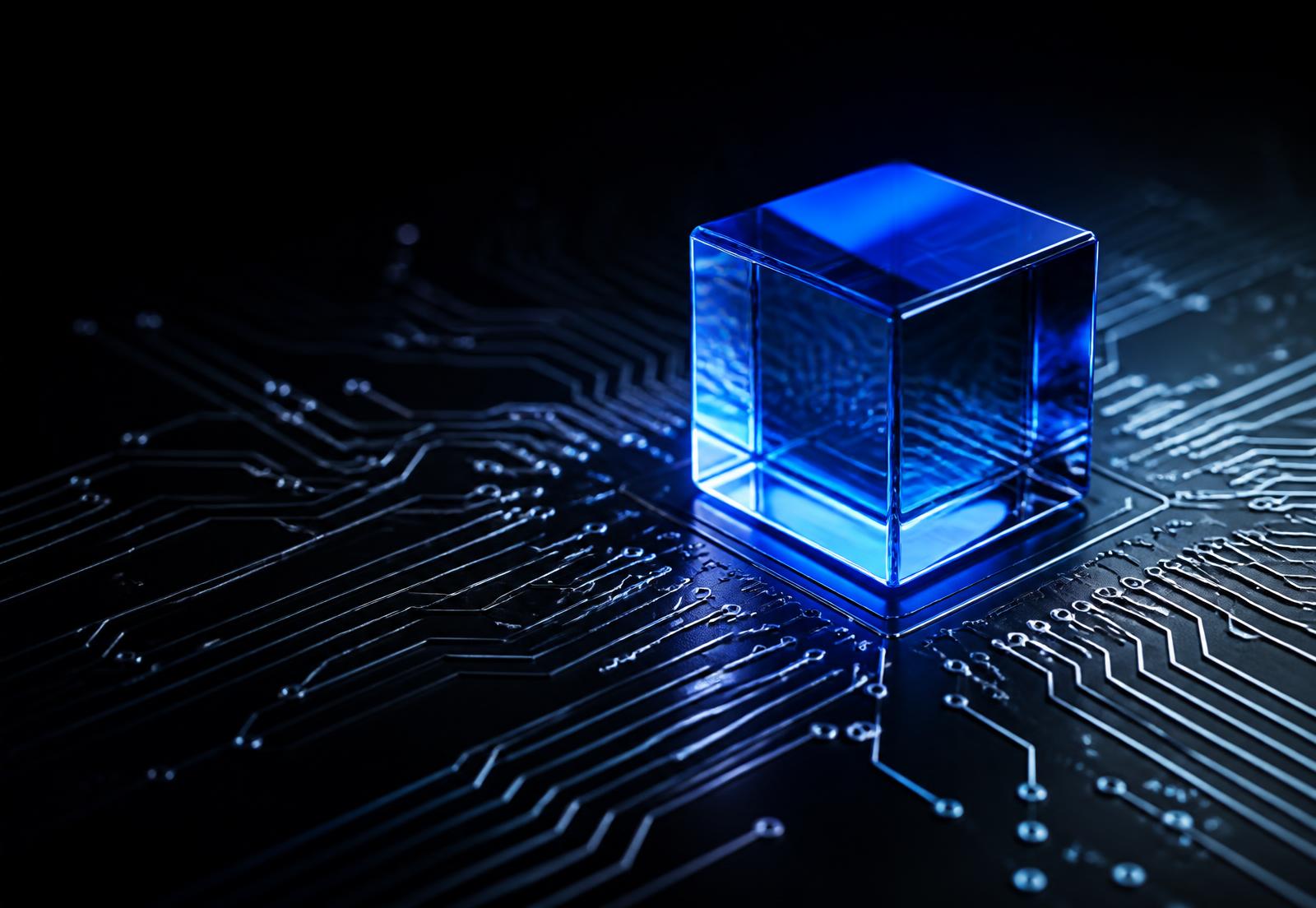 Luminous blue glass cube on a circuit board